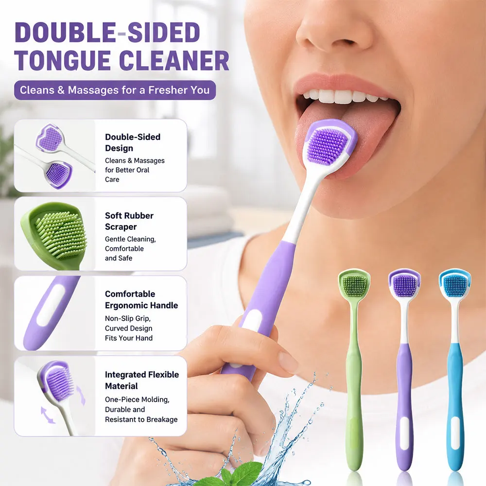3pcs Tongue Scraper With Ergonomic Handle Double-Sided Fresher Breath Tongue Soft Silicone Cleaning Brush Oral Hygiene Tools