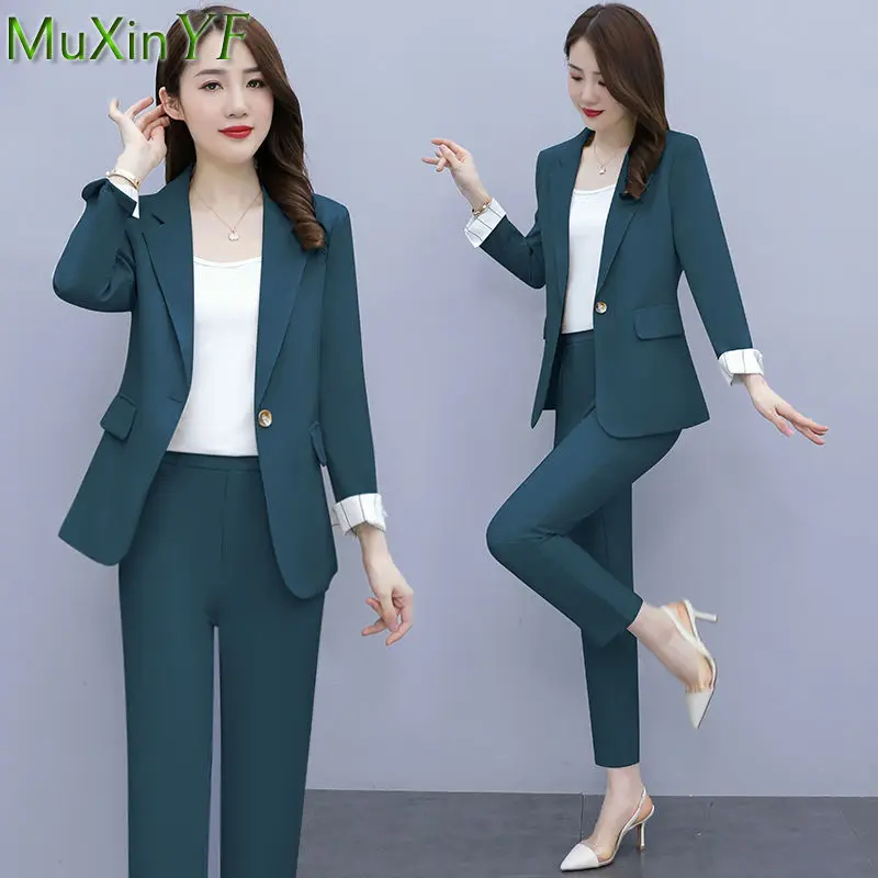 Korean Office Lady Graceful Blazers Sling Vest Pants 3 Piece Set 2022 Women's Work Clothing Outfits Suit Jacket Pencil Trousers