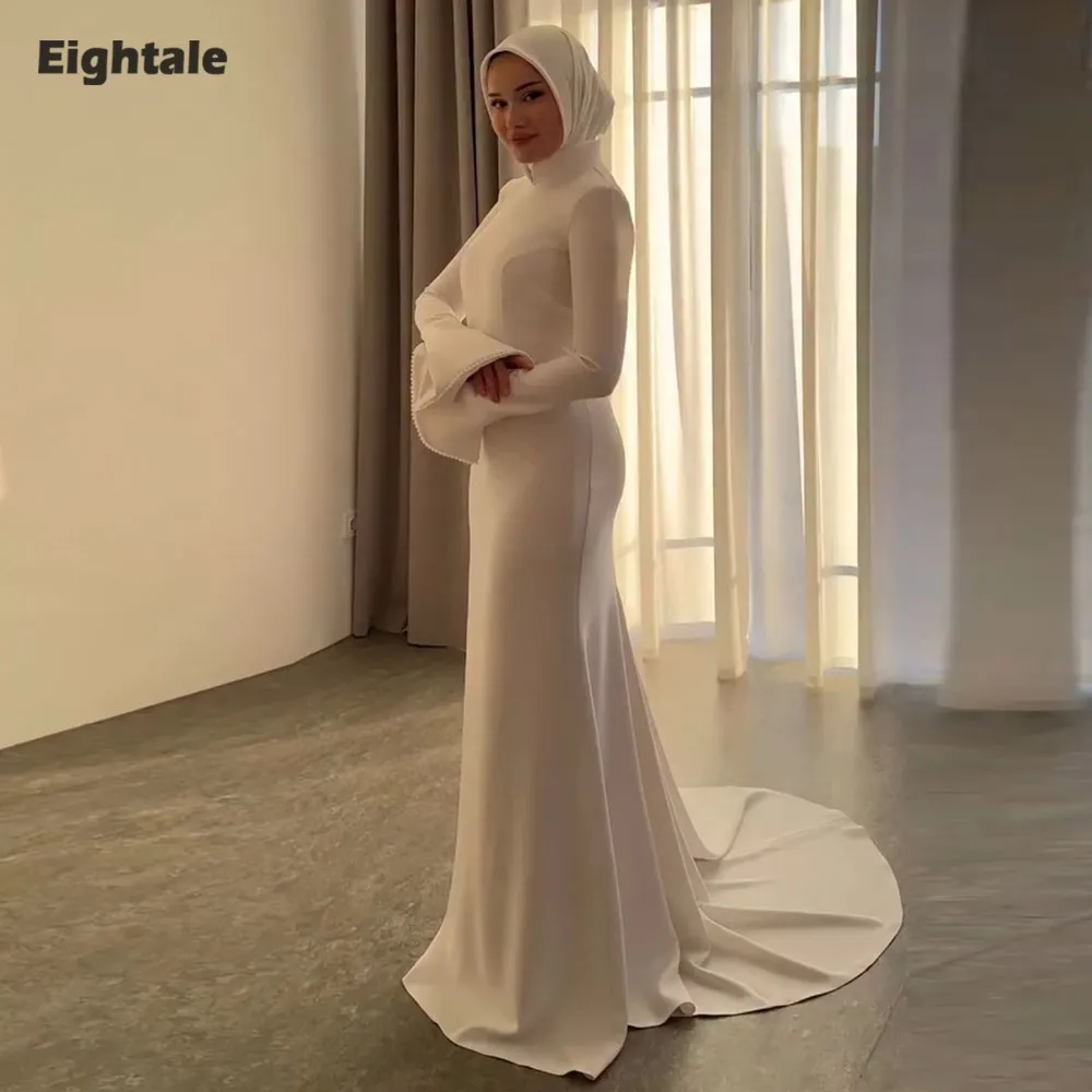 

Eightale Arabic Wedding Dress Customized Ivory V-Neck Bridal Gown Long Sleeves Satin Muslim Mermaid Bride Party Dress