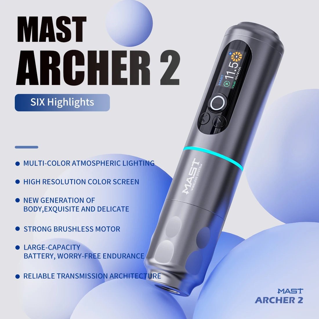 

MAST ARCHER 2 Беспроводная татуировочная машина с бесщеточным двигателем, ходом 3,5 мм, аккумулятором 2000mAh с длительным сроком службы, тату-ручка для лайнера, шейдера и PMU