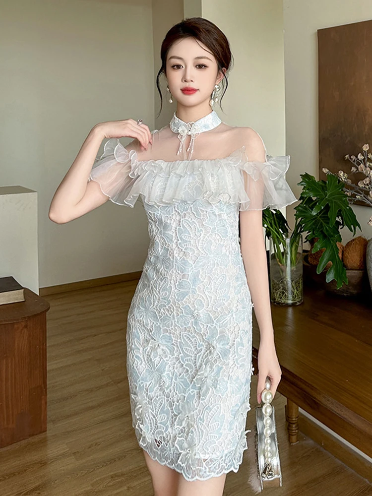 Elegant Sweet Qipao ชุดผู้หญิงเซ็กซี่ Cheongsam SHEER ตาข่าย Splice Ruffles ลูกไม้ตะขอดอกไม้ Hollow Bodycon ชุดปาร์ตี้คลับ Vestido
