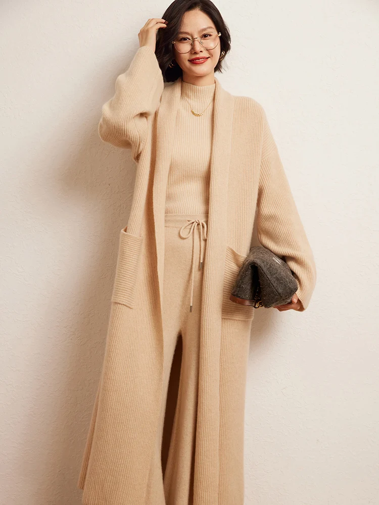 High-end Women's Sweater 100% Cashmere Cardigan Sweater Clothes Autumn Winter Sweater Large Lapel Robe Long Outerwears Warm Knit