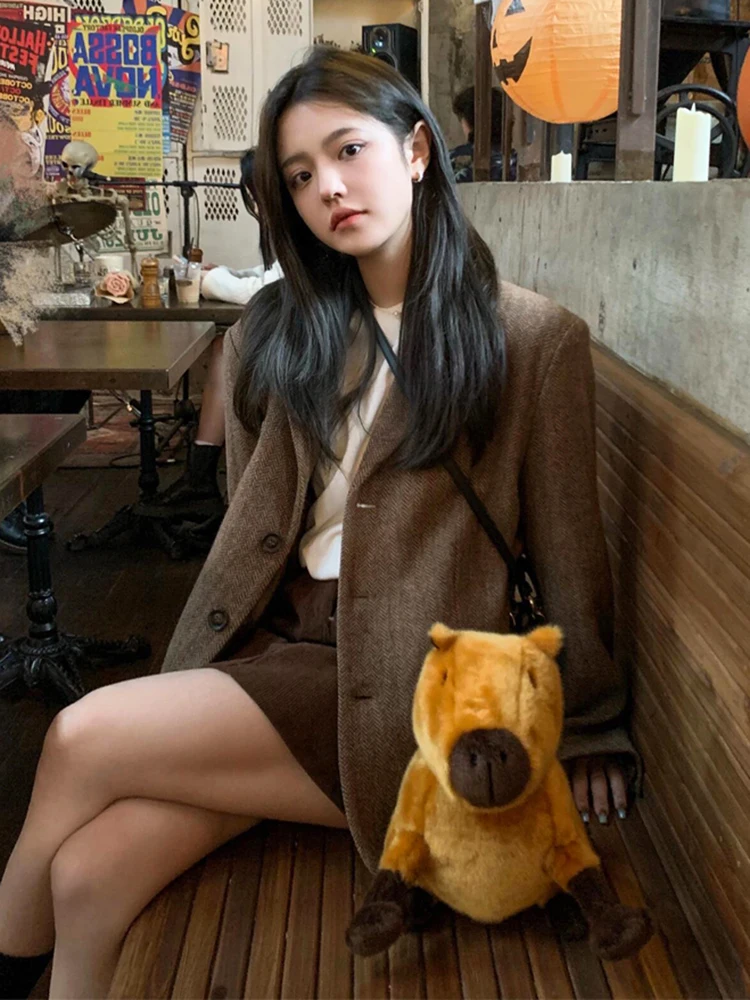 

mi Women's Woolen Coat Khaki Gingham Thiened Cotton Lined Mid-Length Korean Sle Spring Autumn Winter Outerwear