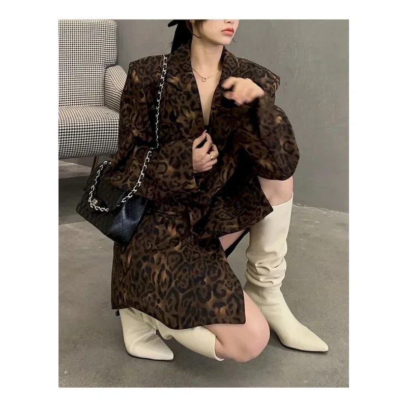 UNXX Spring Autumn Leopard Print Oversize Casual Blazer New Lapel Long Sleeve Loose Fit Jacket Women Fashion Coat Women Clothing