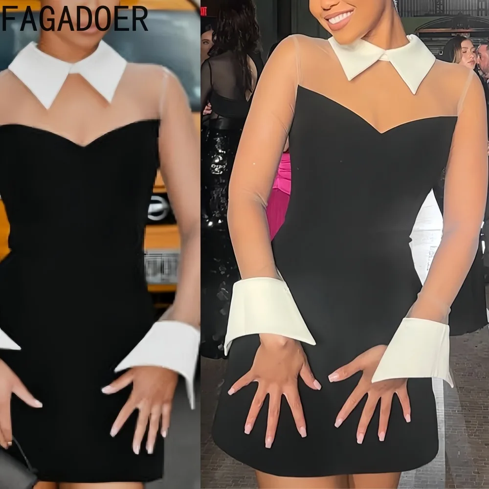 

FAGADOER Elegant Mesh See Through Patchwork Bodycon Dresses for Woman Color Block Long Sleeves Dress Female Streetwear Vestidos