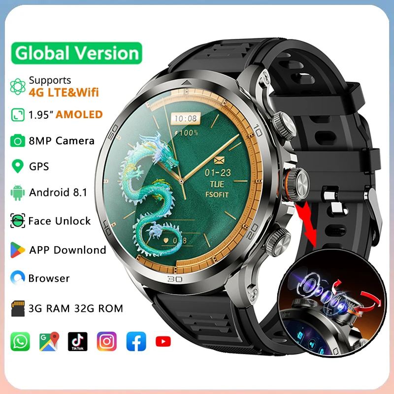 Global Version 4G Net WIFI AMOLED Smart Watch 8MP Camera GPS WIFI NFC Android Smartwatch Support Face Unlock APP Download