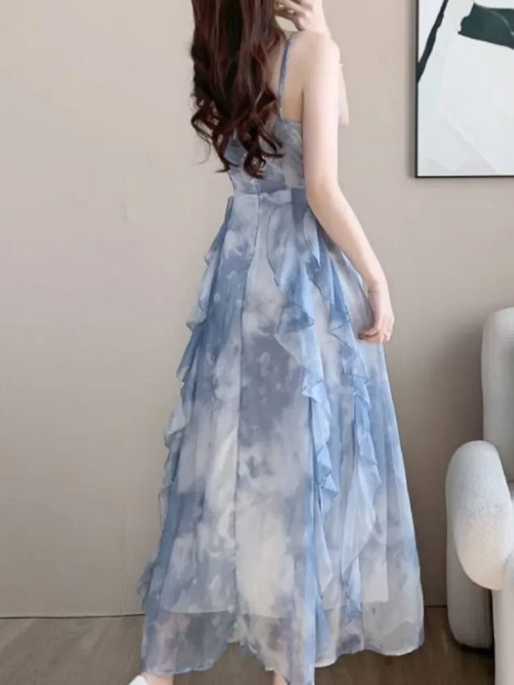 

2024 New Real Shot Diamond-set Blue Ruffled Bottom Dress Summer Fairy Beach Holiday Beach Dress