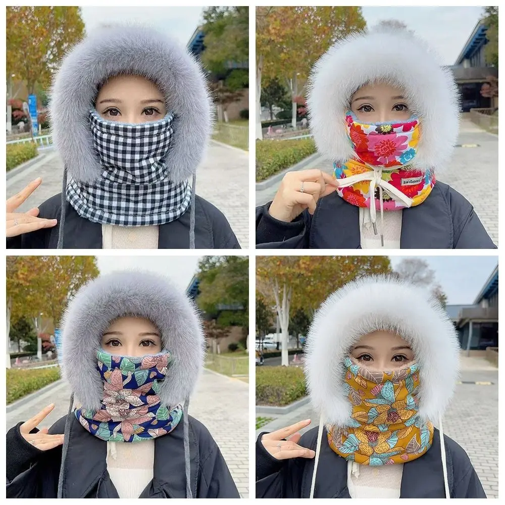 

Windproof 3-in-1 Winter Cycling Hat Cold Resistant Flower Print Warm Scarf Face Mask Plaid Thickened Lei Feng Hat Skiing