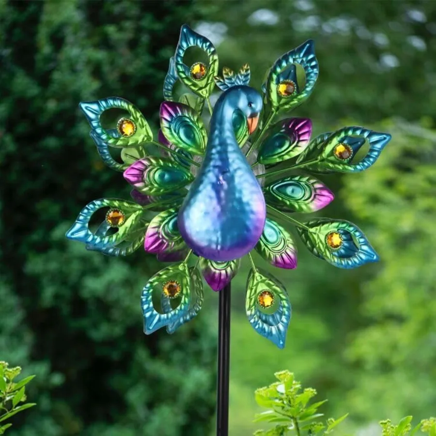 

Peacock Solar Wind Spinner 62Inch Double Wind Sculpture with Color Changing LED Light Outdoor Yard Spinners Garden Wind Catcher