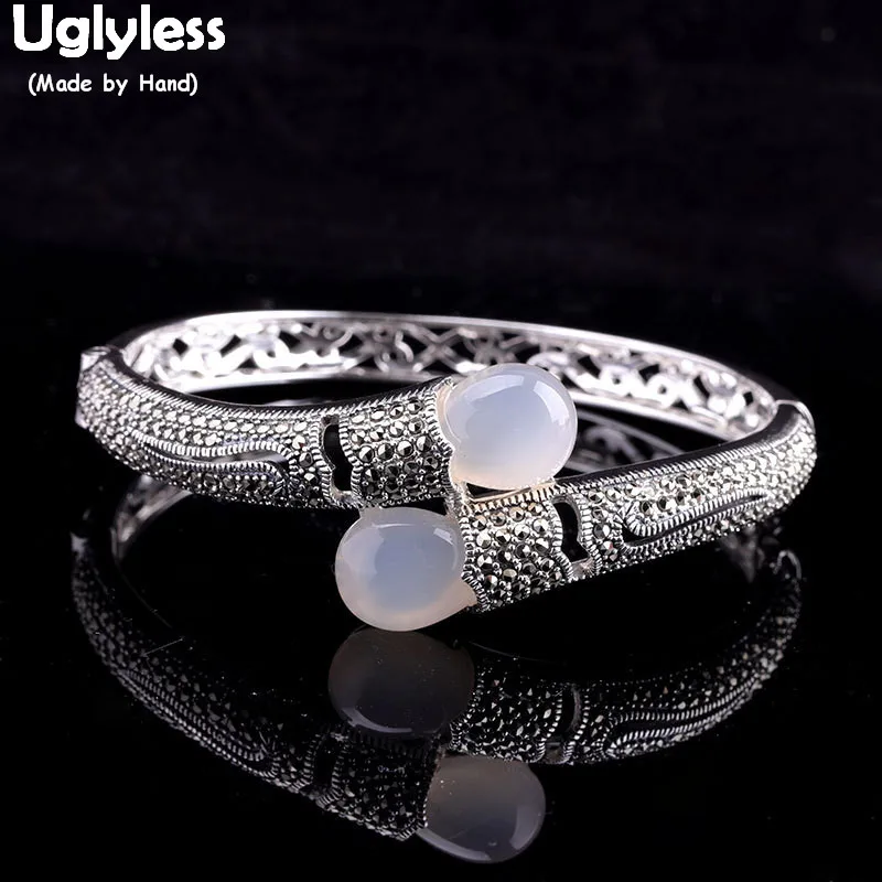 

Uglyless Opening Chalcedony Bangles for Women Real 925 Sterling Silver Hollow Bangles Vintage Ethnic Gemstone Fine Jewelry BA637