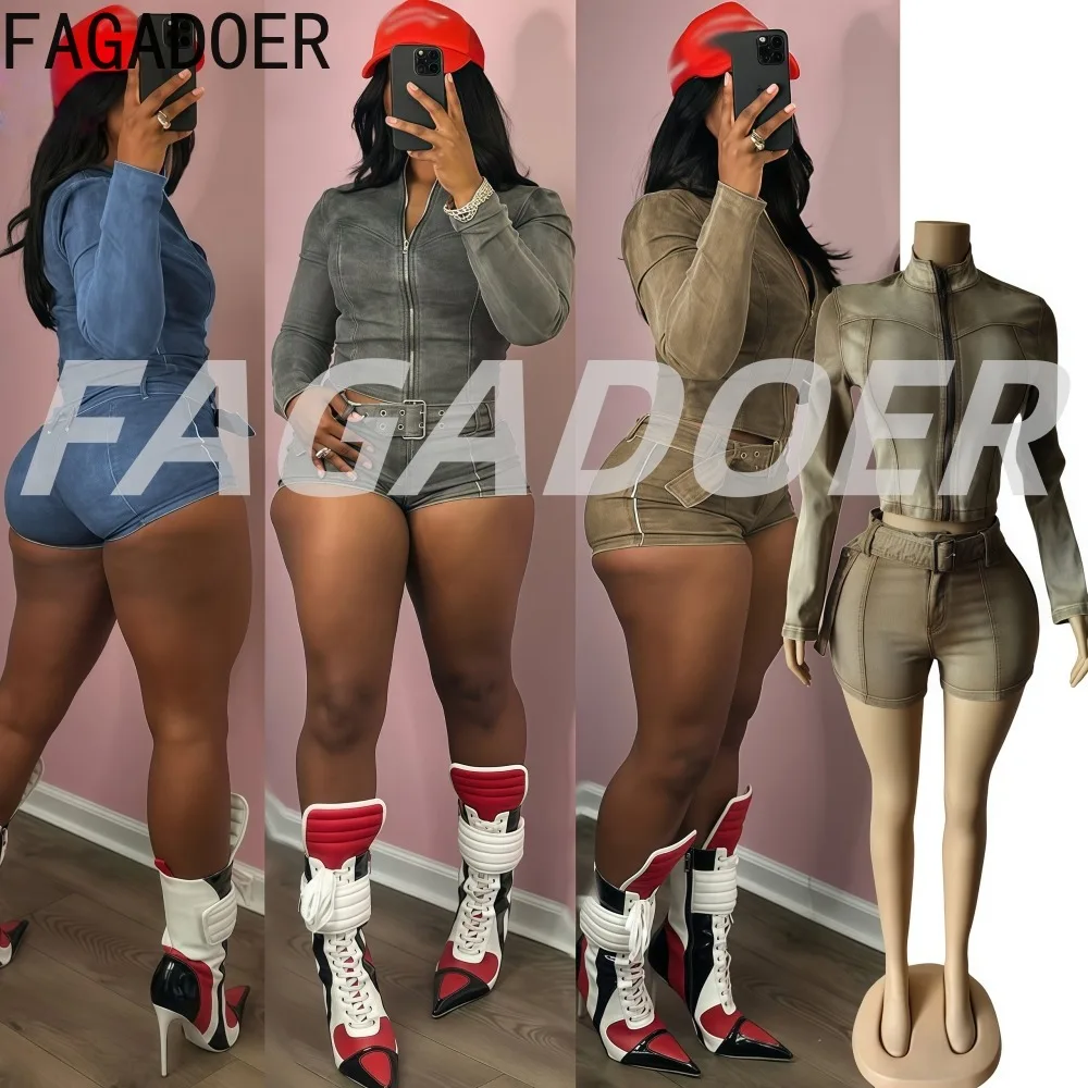 

FAGADOER Fashion Denim Two Piece Outfits Woman Long Sleeves Zipper Crop Jacket Crop Top + Short Suit Female Streetwear Clothing