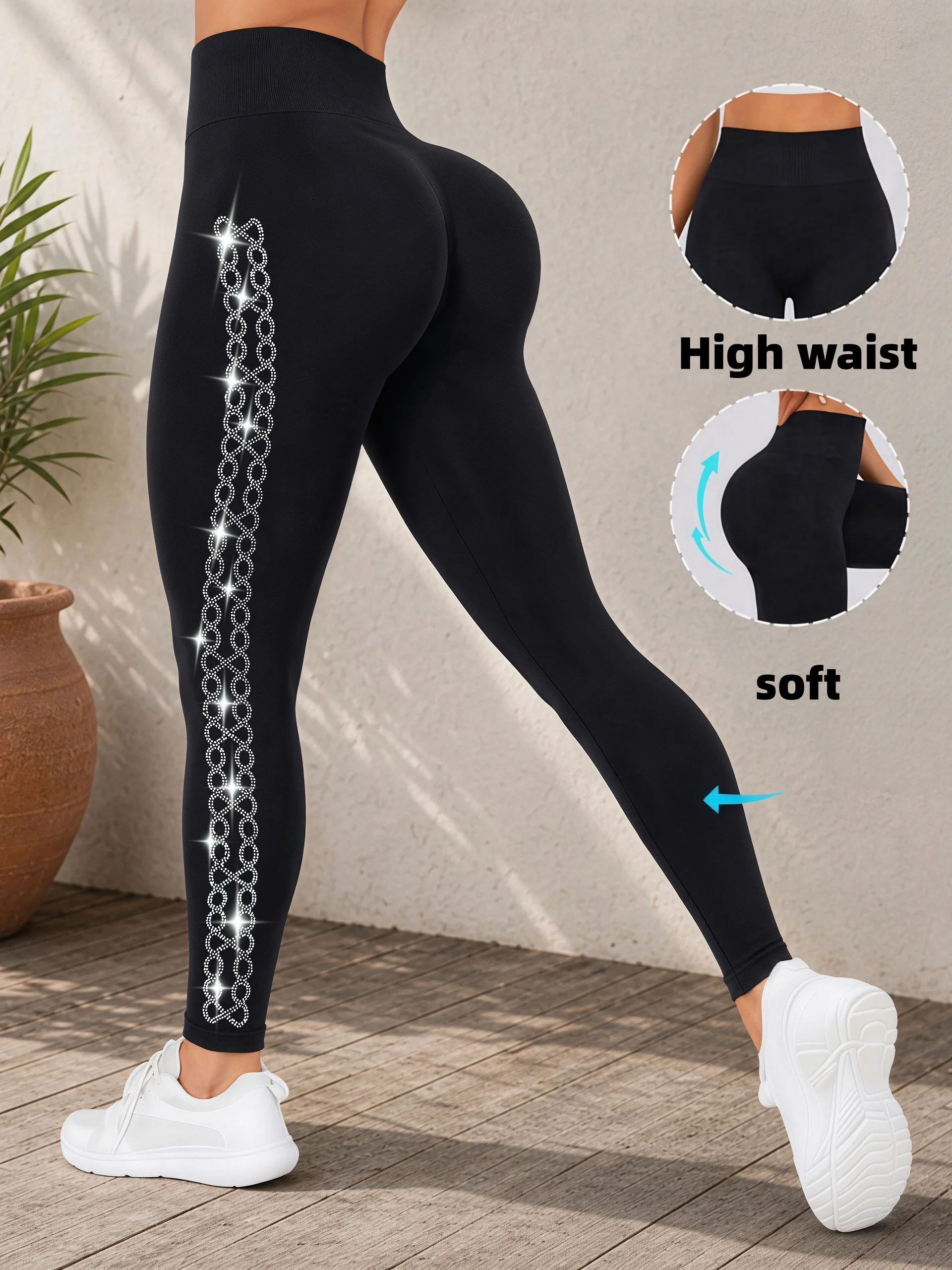 Women's Side Double Chain Rhinestone Ankle Leggings Trendy High Stretch Trousers for Yoga Cardio Workout Vacation Outings