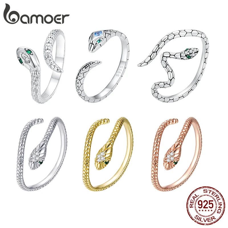 Bamoer 100% 925 Sterling Silver Viper Snake Open Ring Green Zircon Platinum Plated Rings colorful For Women Jewelry Gift Party