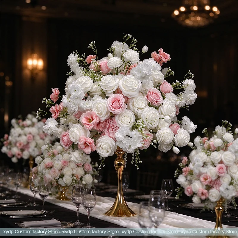 70/60/50/40/30CM Rosa Rosen Baby-Breath Große Blumenkugeln Tischdekoration Luxuriöse Hochzeitstisch-Accessoires Bühnen- und Wegdekoration – Detail 2