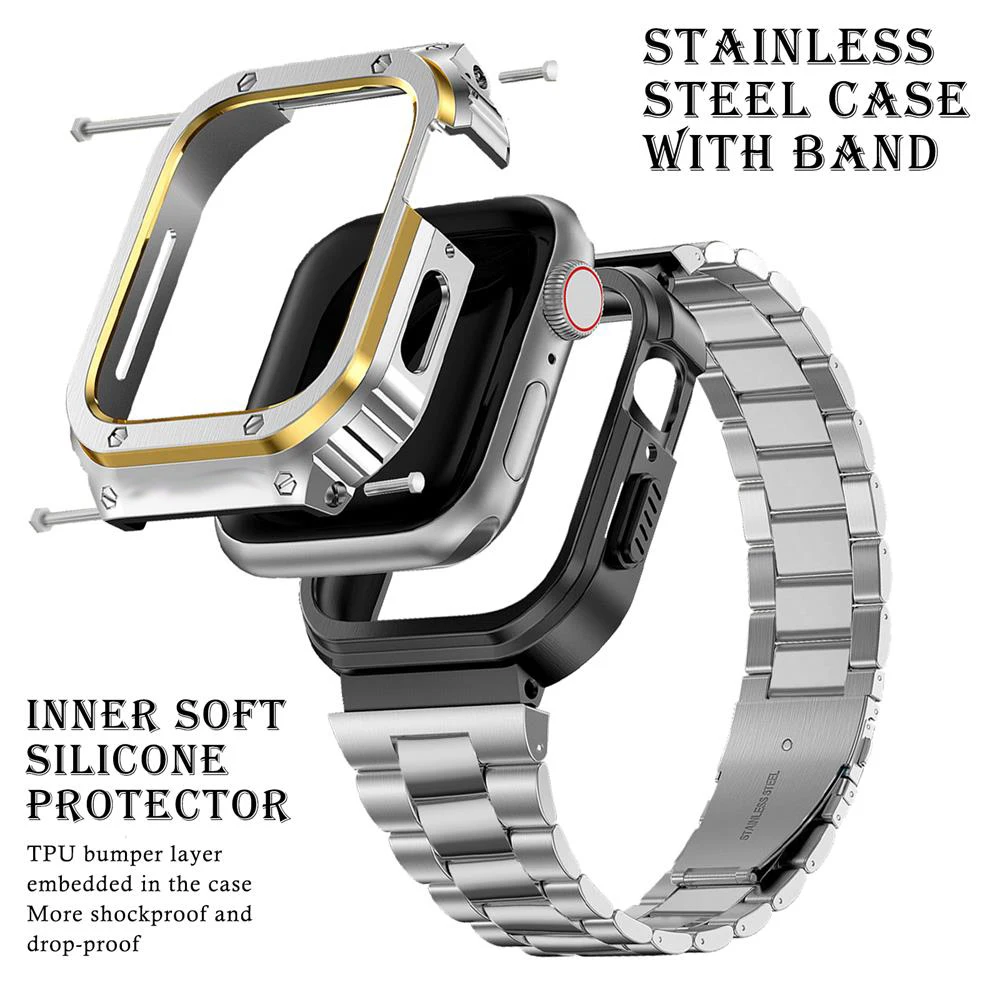 Stainless Steel Strap+Case For Apple Watch Ultra Band 49mm 45mm 44mm Bumper frame Cover Accessories iwatch series 7 4 5 SE 6 8