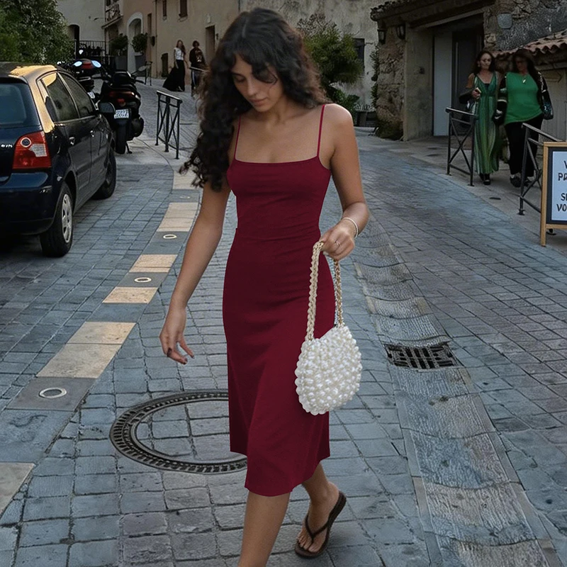 Hugcitar Damen-Kleid, elegant, einfarbig, sexy Midikleid, ärmellos, rückenfrei, Sommerkleidung, Geburtstagsfeier, Urlaub – Detail 31