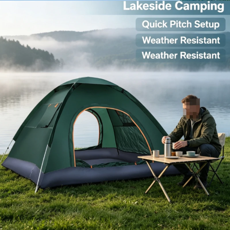 Waterproof Camping Tent With Double Layer Structure And Orange Trim For Mountain Hiking Trekking Sleeping Shelter