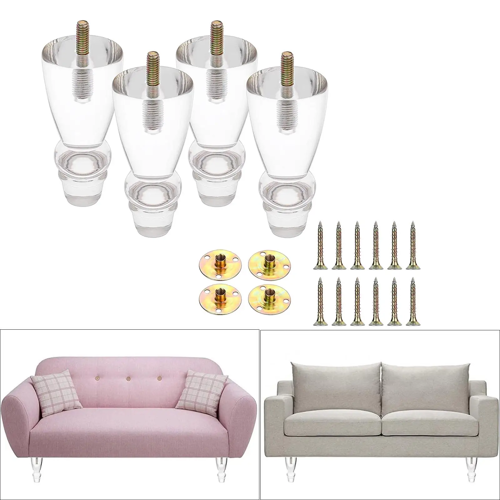 

4 акриловых ножек для мебели, 4 дюйма, с винтами, современные прозрачные ножки для дивана, стола, тумбы, тумбочки, тумбы под телевизор