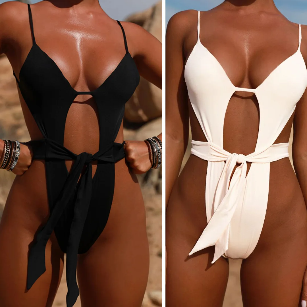 

Sexy one-piece bikini halter strap hollowed out solid color swimsuit 2025 new