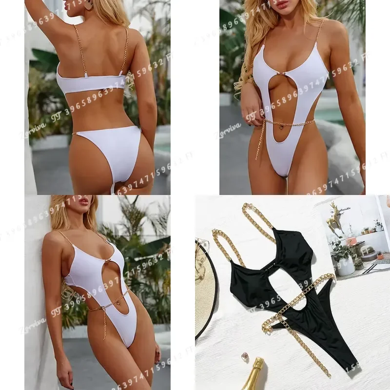 Sexy Metal Chain String High Cut One Piece Swimsuit Women Monokini Tummy Cut Out Bathing Suit Swimwear Beach Wear