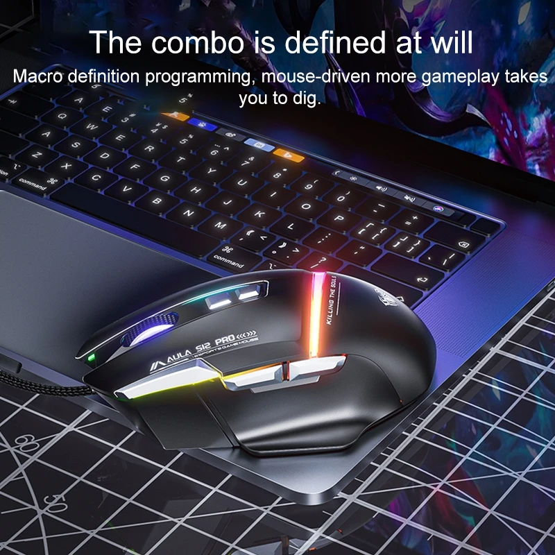 AULA S12 Pro Wired Gaming Mouse USB 12800DPI 8 Buttons RGB Backlit Ergonomic Programmable Gamer Mice HighSpeed for PC Laptop