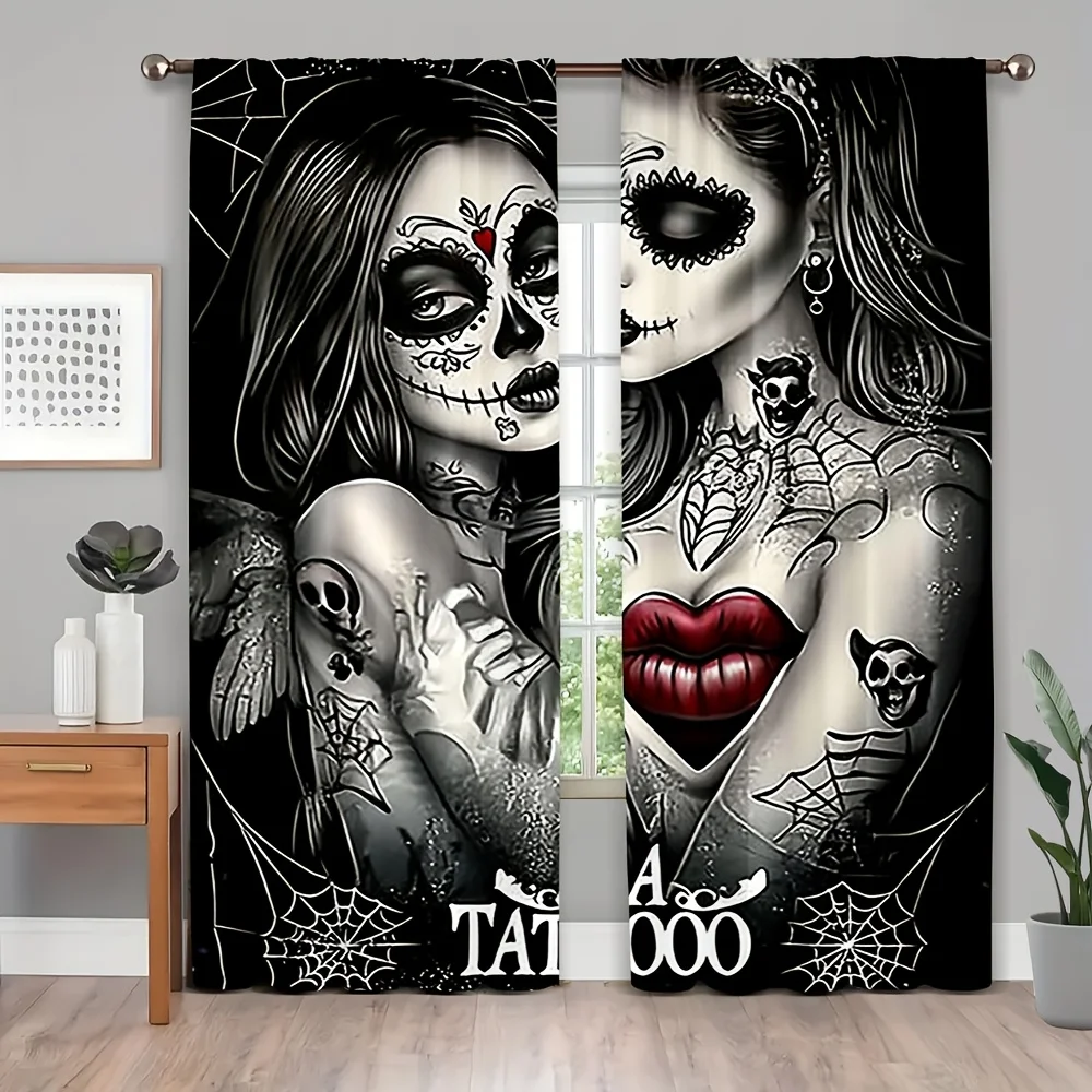 Day of the Dead Tattoo Woman Curtains Sugar Skull Art Print Window Drapes Gothic Fashion Home Decor Halloween Theme Living