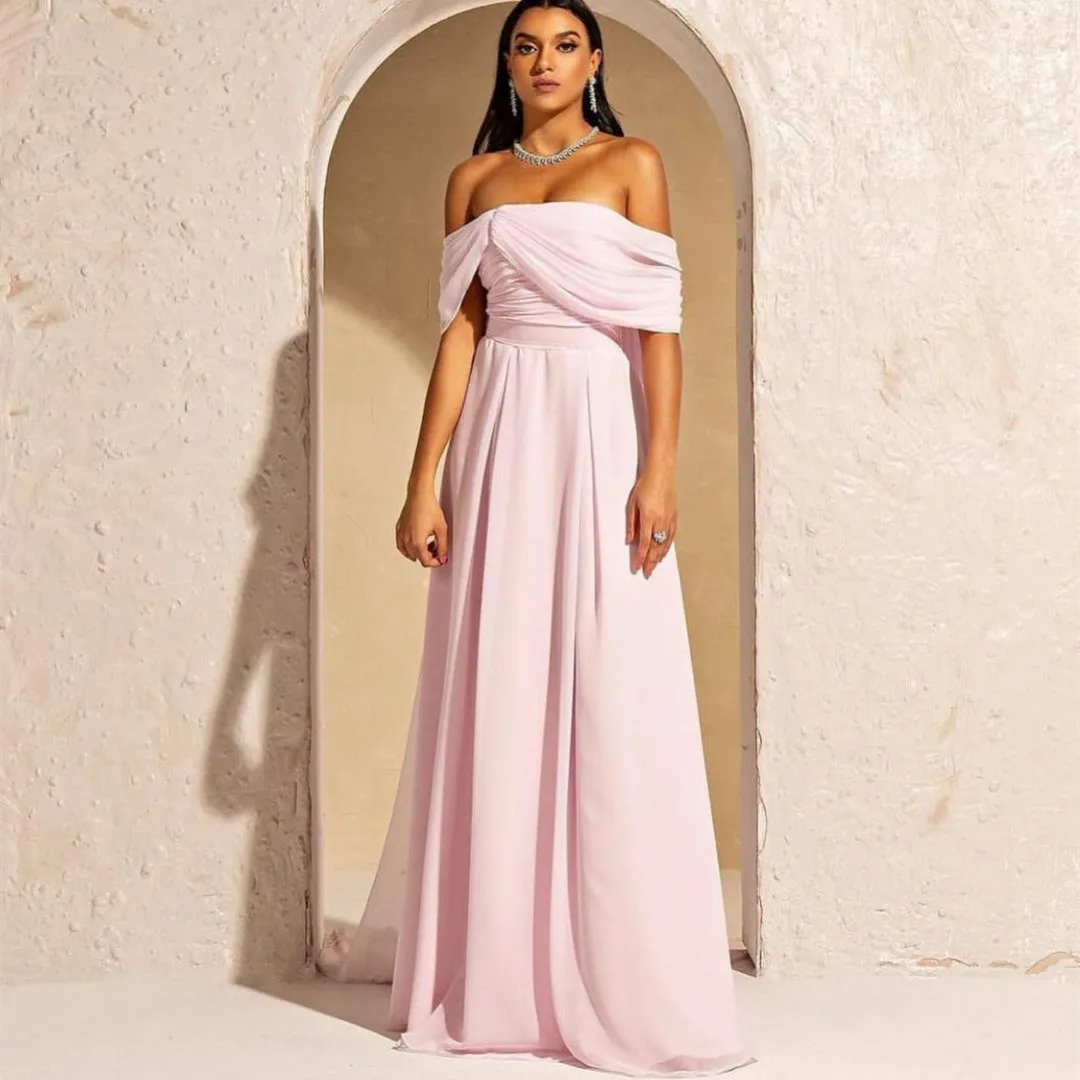 

2025 Elegant Pink Women Evening Party Dresses Off Shoulder Pleated Chiffon Muslin Prom Formal Celebrity Gowns Robe De Soiree