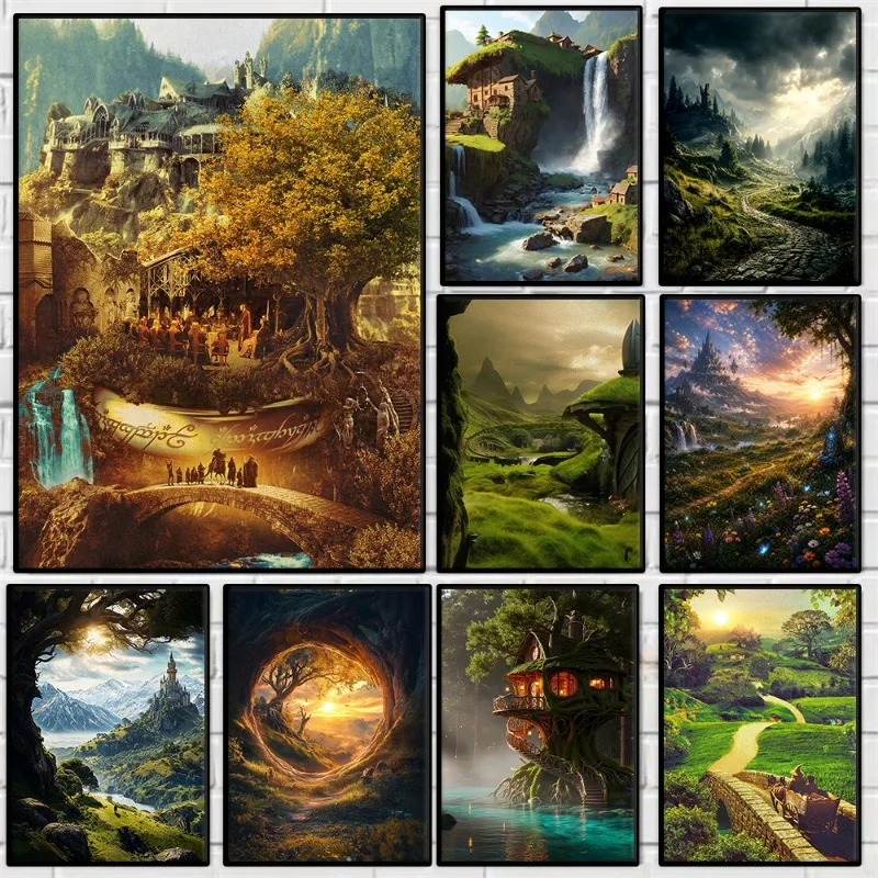 Enchanted Fantasy Ring Art Retro Travel Poster H-Hobbit Hole Shire Landscape Canvas Painting Wall Art for Living Room Home Decor