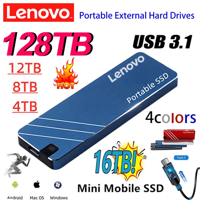 Lenovo 2023 Mini SSD portatile Type-C/USB3.1 unità a stato solido Mobile esterna disco rigido per Laptop ad alta velocità da 4TB 16TB