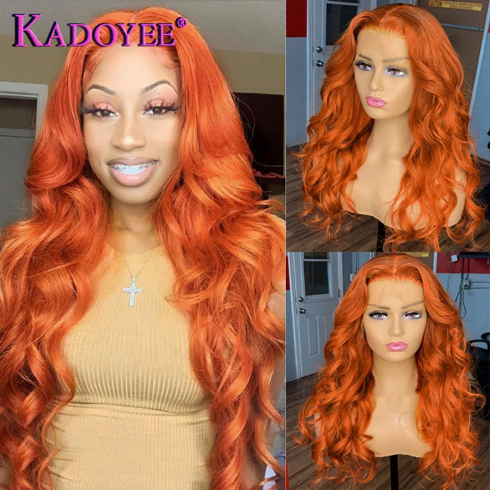 

Brazilian Ginger Orange Lace Front Wig Body Wavy Human Hair Wigs With Baby Hair Pre Plucked 180 Density Remy Colored HD Lace Wig