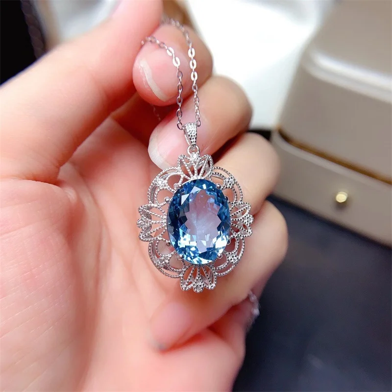 925 Silver Pendant Genuine Blue Topaz Gemstone Big Size 14X10mm Gorgous Necklace Jewelry for Women with Certificate