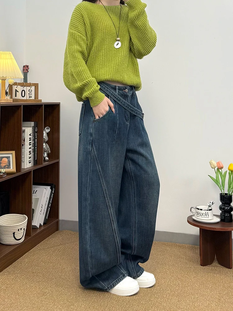 Calça jeans feminina de perna larga da moda americana de inverno com design de zíper inclinado