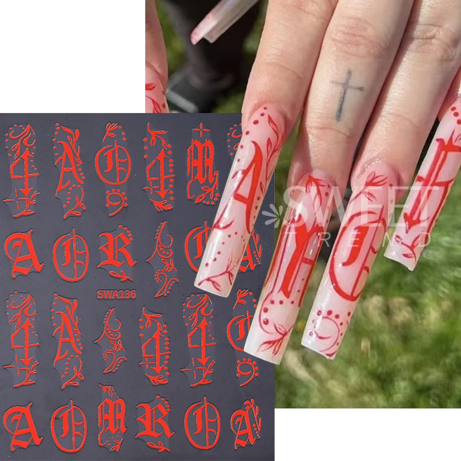 2/5 قطعة القوطية الرومانية رسالة مسمار ملصقات Y2K أسود أحمر الأبجدية تصميم ذاتية اللصق ملصق مائي الكلمات الإنجليزية DIY بها بنفسك مانيكير الديكور