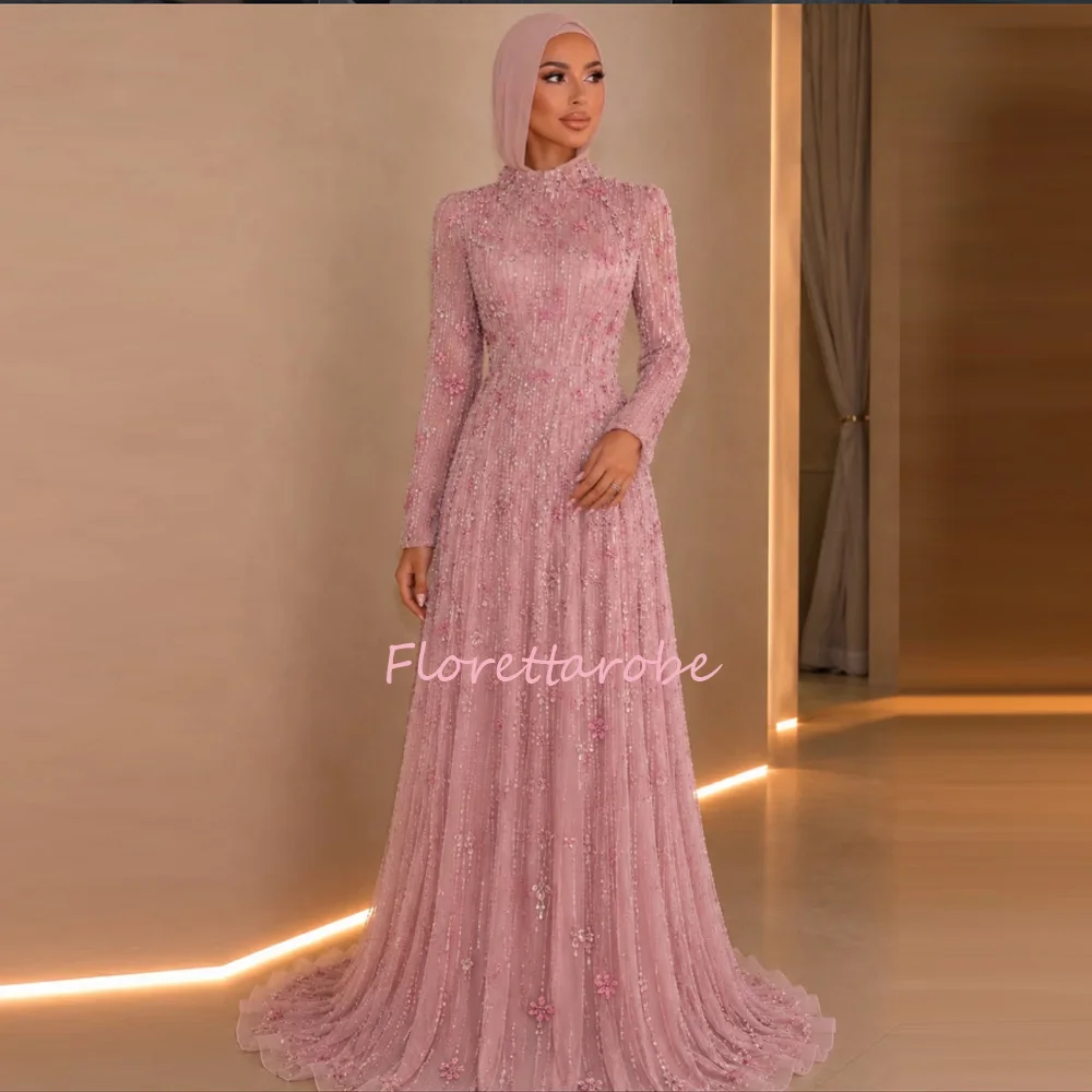 Luxuriöses Abendkleid im arabischen Stil, bescheiden, muslimisch, rosa, A-Linie, mit Kristallperlen besetzt, Ballkleider für Hochzeiten, Partykleider, individuell anpassbar
