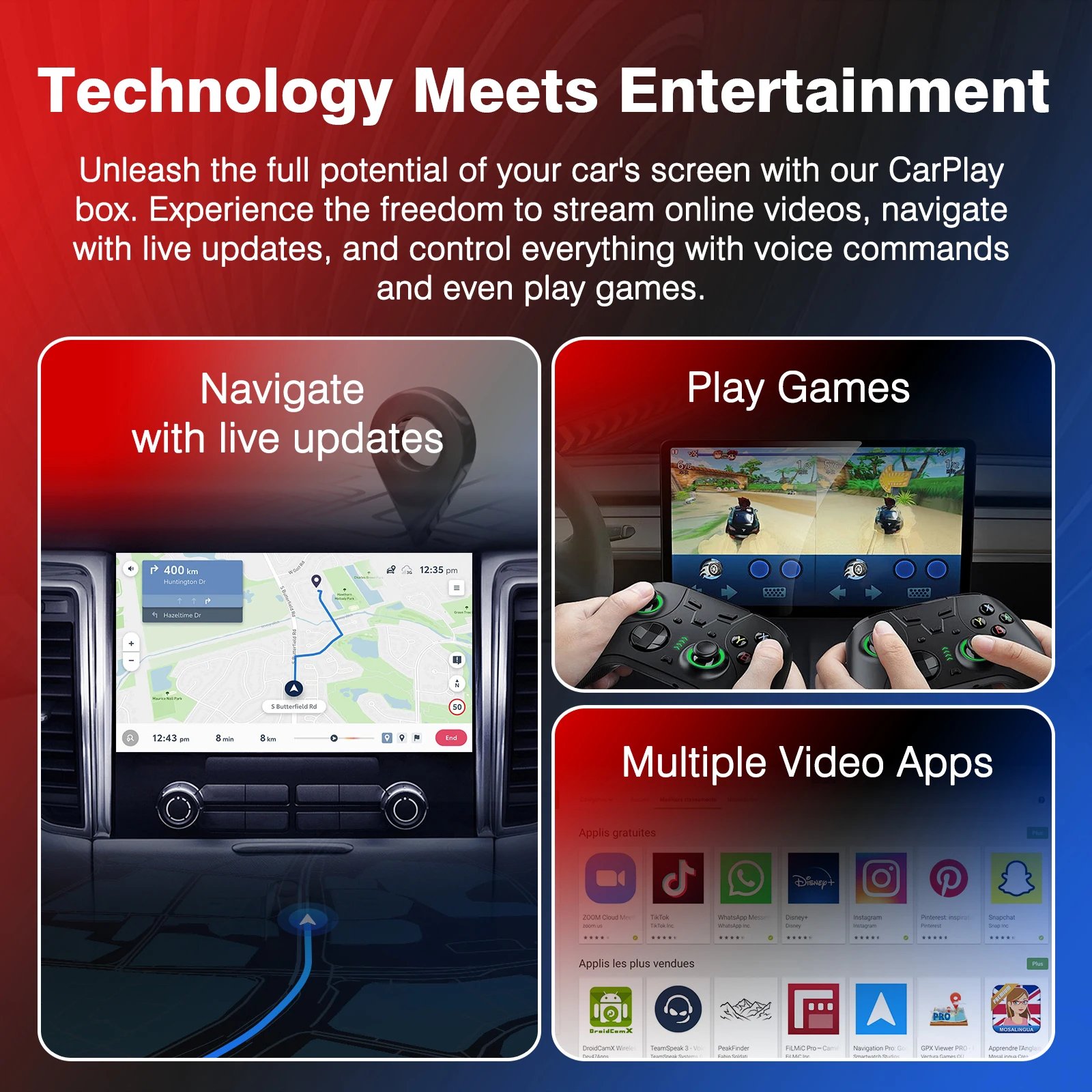 Android 13 CarPlay Ai Box مع ضوء محيط، سلكي إلى لاسلكي Android Auto Qualcomm Octa-core 4G+64G، مدمج بنظام تحديد المواقع العالمي (GPS)