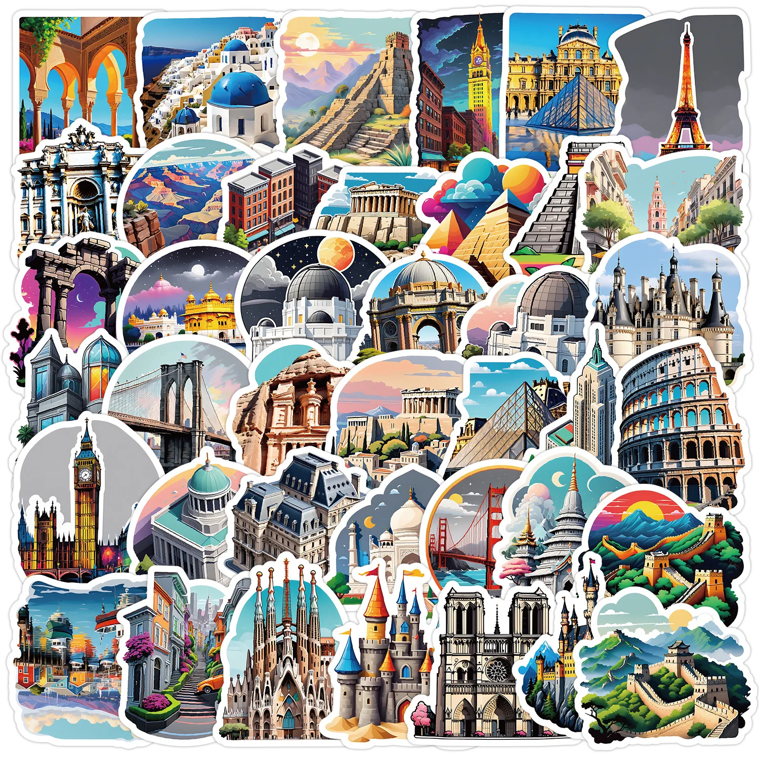 50Pcs/Pack INS Novelty Famous Landmark Buildings Series Stickers PVC Waterproof Stickers Decals For Kids Boys Girls Toys Gifts