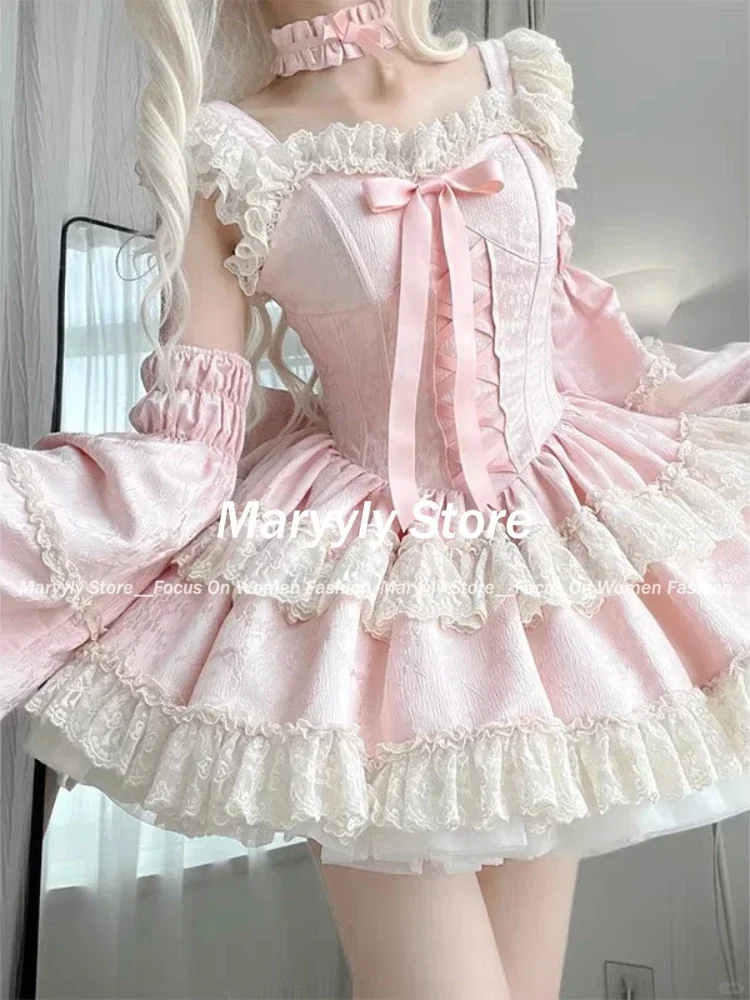 Japanese Sweet Lolita Style Princess Dress Women Kawaii Cute Lace Bow Slim Mini Dresses Elegant Y2k Harajuku Evening Party Dress