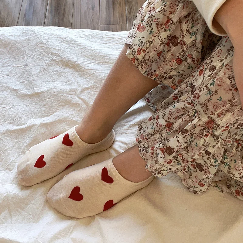 5 Pairs/Lot Cute Love Heart Print Socks Women Low Cut Cotton Korean Style Kawaii Girls Designer Sock Ankle Set Sokken Gifts