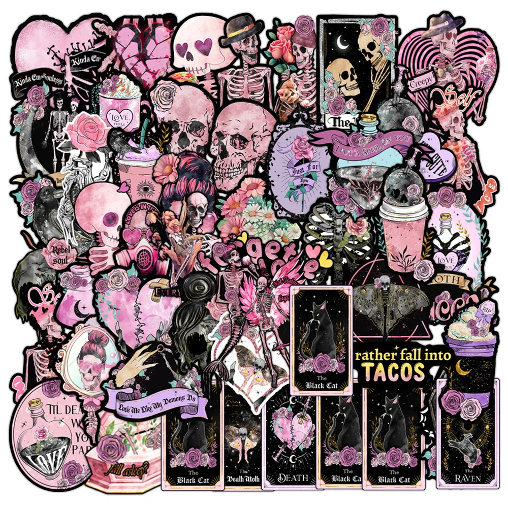 10/30/50pcs Horror Black and Pink Skull Stickers Dark Gothic Style Decoration Sticker for Stationery Fridge Notebook PVC Decals