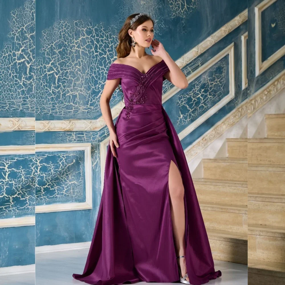 

Modern Style Applique Sequined Pleat Ruched Column Off-the-shoulder Long Dresses Prom Dresses Classic Exquisite Simple