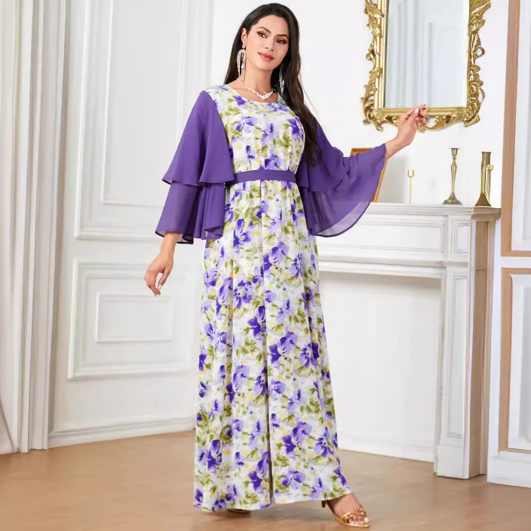 

Printed Muslim Long Dresses Women O-Neck Patchwork Flare Sleeve Loose Casual Belted Dress Female Elegant Spring Summer Clothes