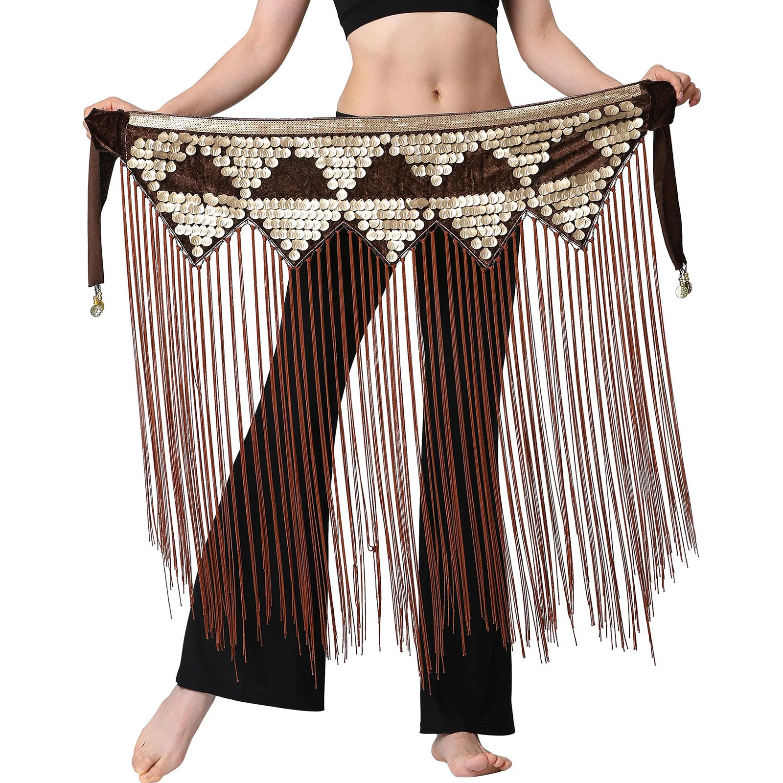 Feminino dança do ventre longo borla hip cachecol lantejoulas franja cachecol envoltório saia rave festival traje para dança wear acessórios cinto