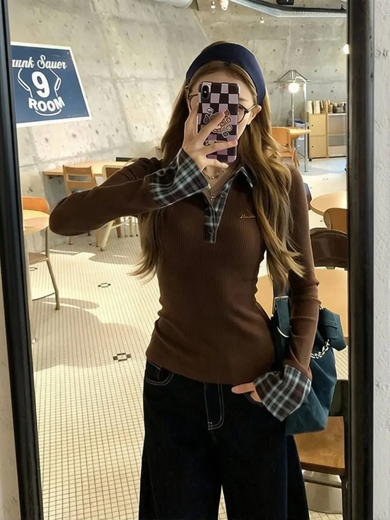 Two-piece Collar T Shirt Woman Plaid Basic Layered Patchwork Slim Fit Top Long Sleeve Red Plaid Button Basic Tee Shirt