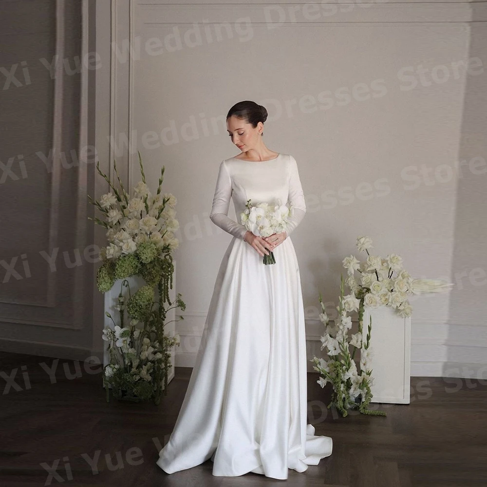 

Simple A Line Women's Wedding Dresses Elegant O Neck Long Sleeved Robe De Mariage Bride Gowns Customized Satin Ruched Vestido