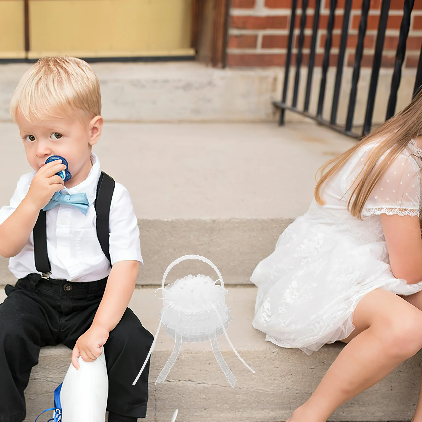 

Mini Satin Wedding Ring Box Set with Lace Pillow White Flower Girl Basket for Bridal Ceremony Ring Holder Keepsake Display