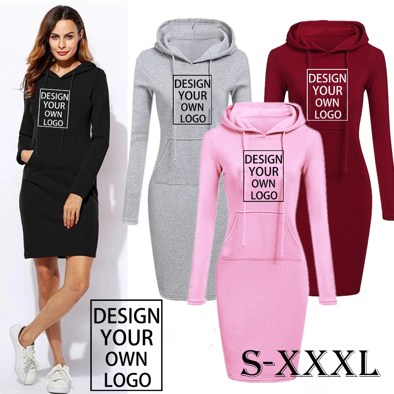 Personalizado moda feminina com capuz vestido de camisola outono e inverno manga comprida hoodie vestido fino ajuste pullovers camisola vestido