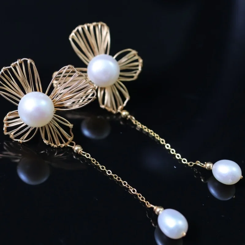 

SGARIT Romantic Flower Petal Long Tassel Drop Pearl Earrings 14k Filled Gold Pearl Hanging Piercing Women Stud Earrings