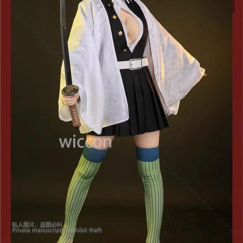 Anime demônio anime kanroji mitsuri trajes slayers kisatsutai amor traje feminino sexy saia uniforme peruca meias sapatos dia das bruxas