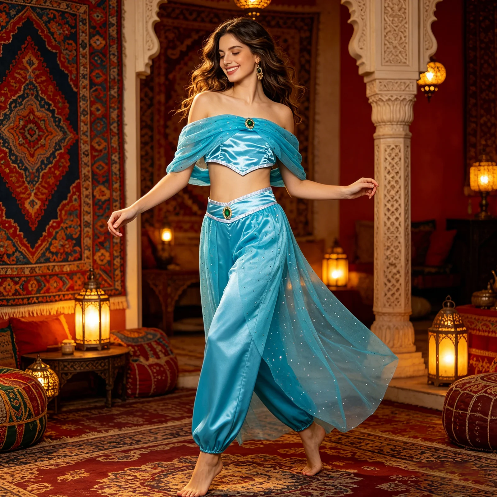 Prinzessin Jasmin Aladdin Cosplay-Kostüm, Blaues Arabisches Prinzessinnen-Kostüm für Halloween-Party