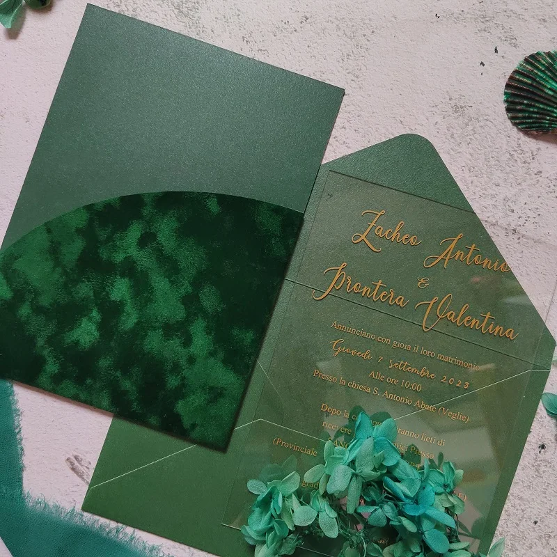 Emerald Green Suede Velvet Invitation Pocket with Gold Foil Acrylic Invitation Card Arch Wedding